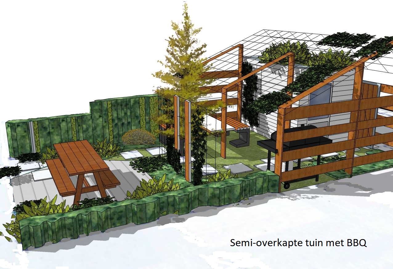 Tuin met 3 terrassen: een zon-, lunch- en vuurterras.