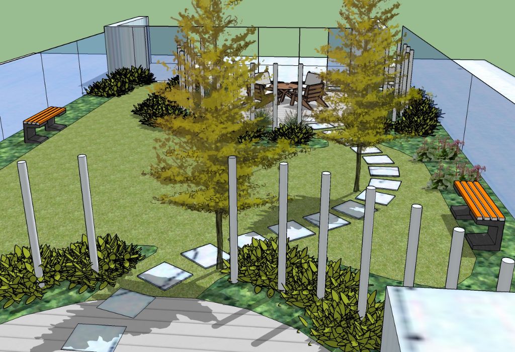 Een ruime tuin met een pad langs bomen. perspectief vanaf boven.
